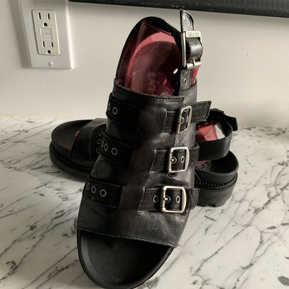 John Fluevog Black Leather Sandals